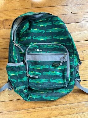 L.L. Bean Green Alligator Pattern Backpack with Gray Accents
